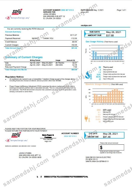 USA California San Diego Gas & Electric (SDG&E) utility bill template in Word and PDF format
